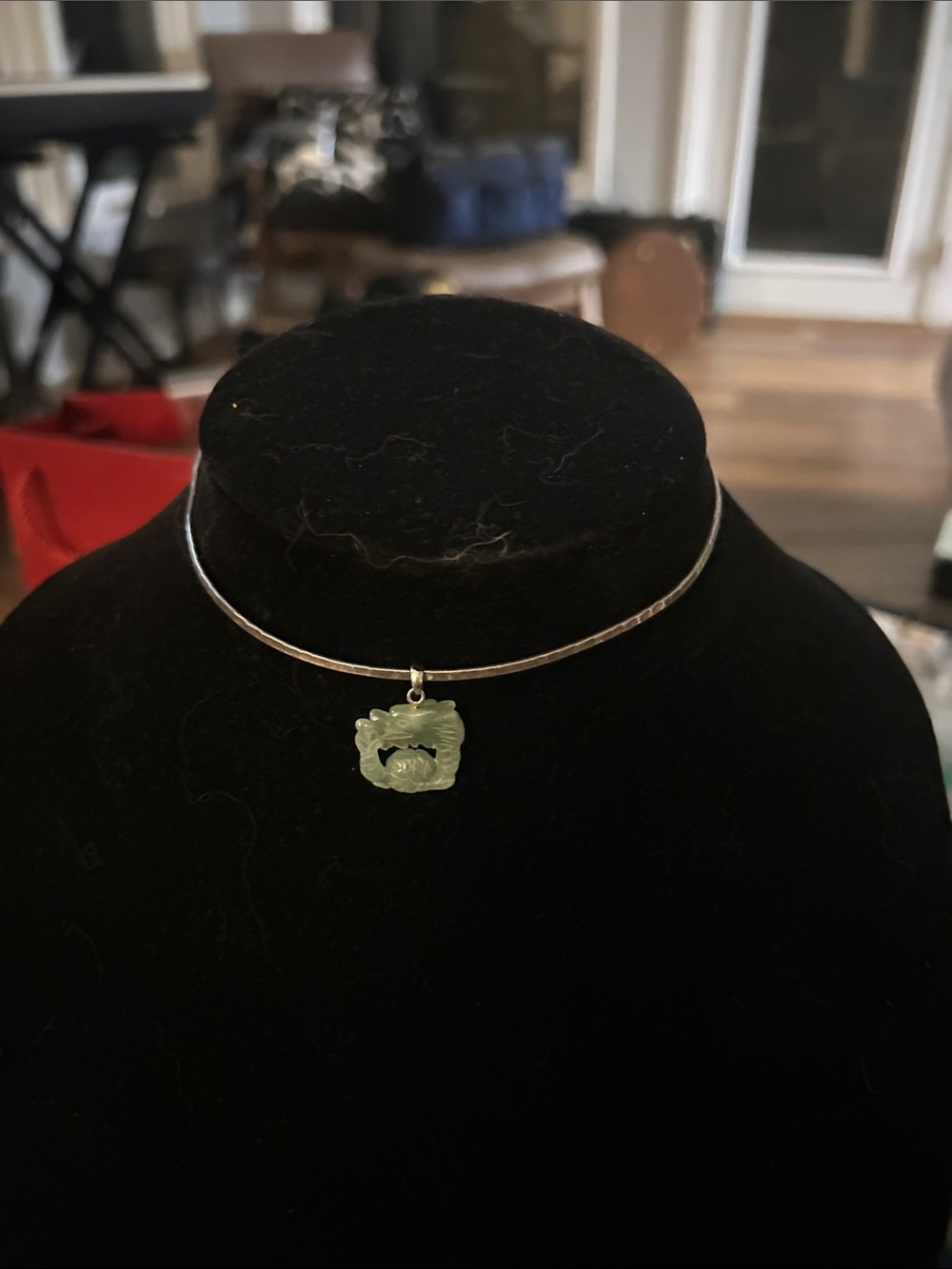 Sterling Silver Dragon Choker with Light Green Jade Pendant